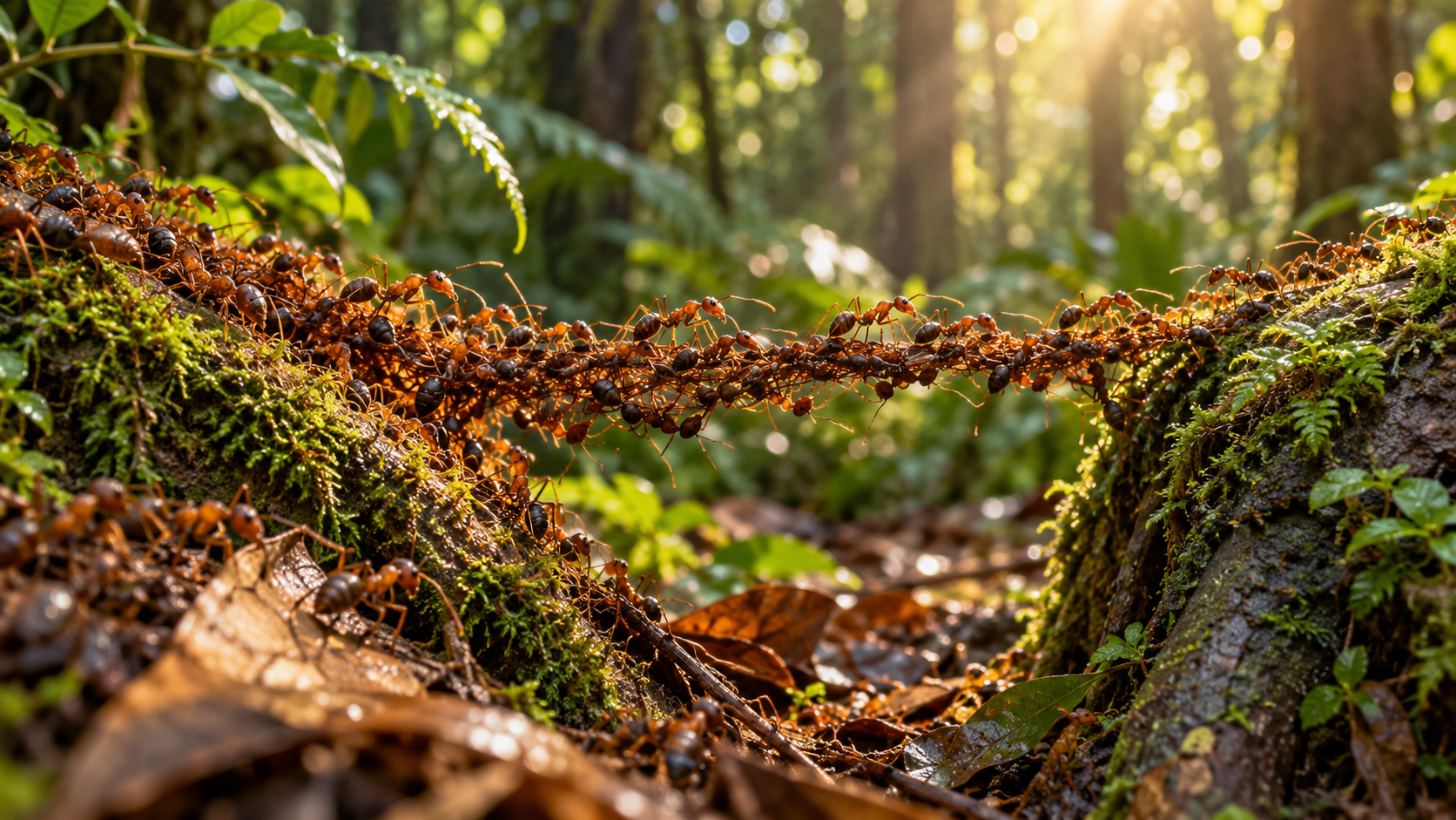 Eciton army ants forming a living bridge between mossy roots in a forest.